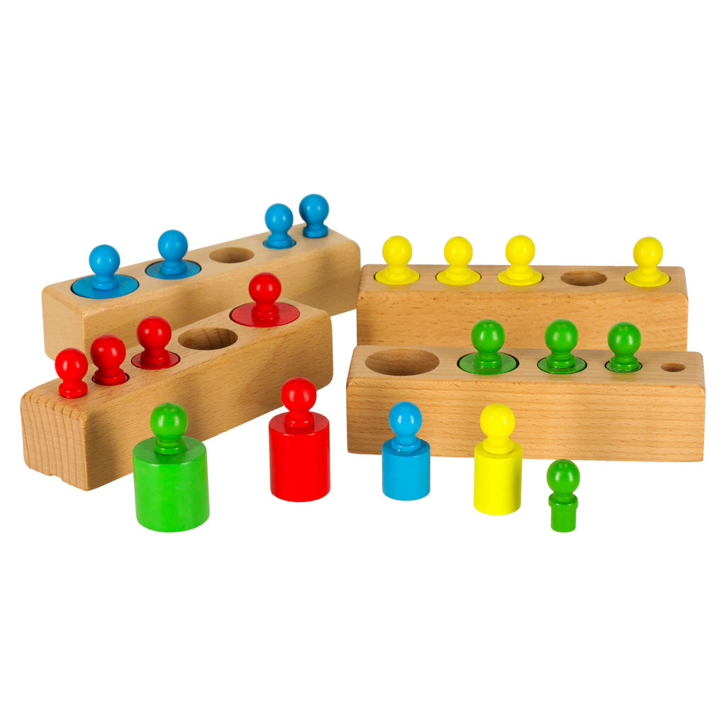 Montessori koka cilindru atsvari krāsaini