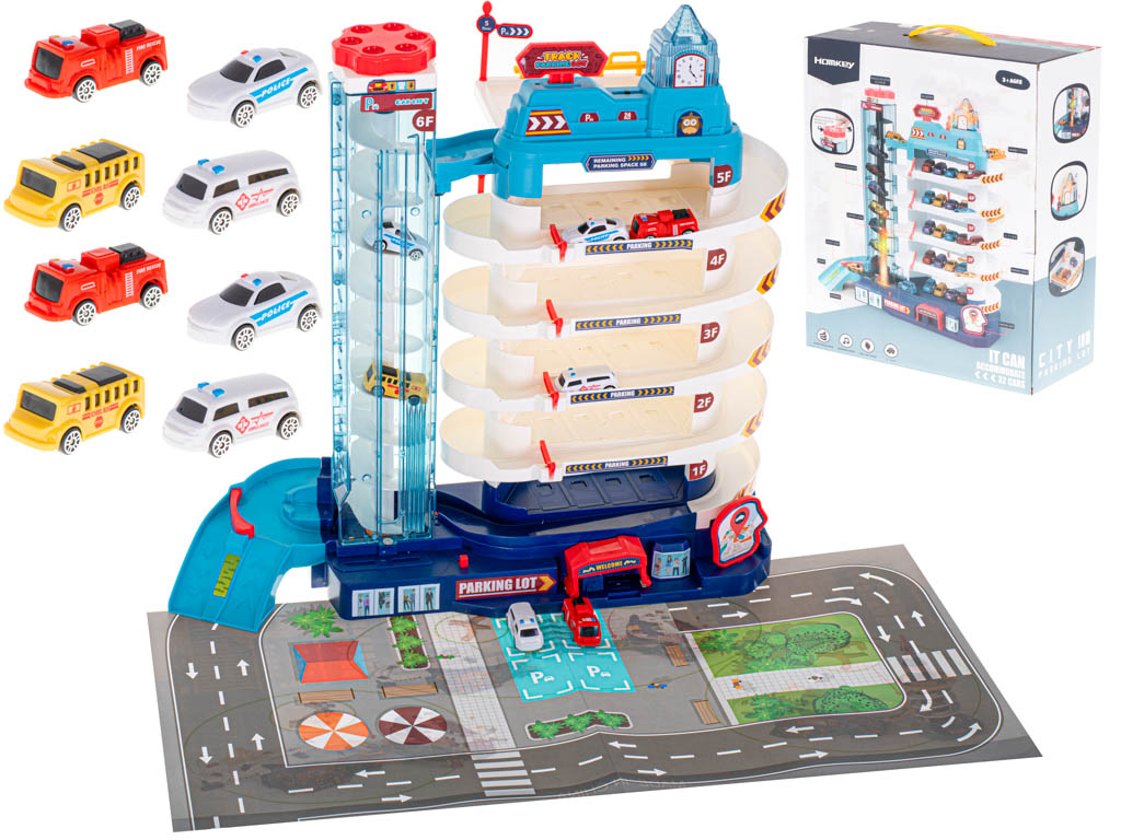 Autostāvvieta ar elektrisko liftu, 5 līmeņi, paklājs + 8 automašīnas | EcoToys