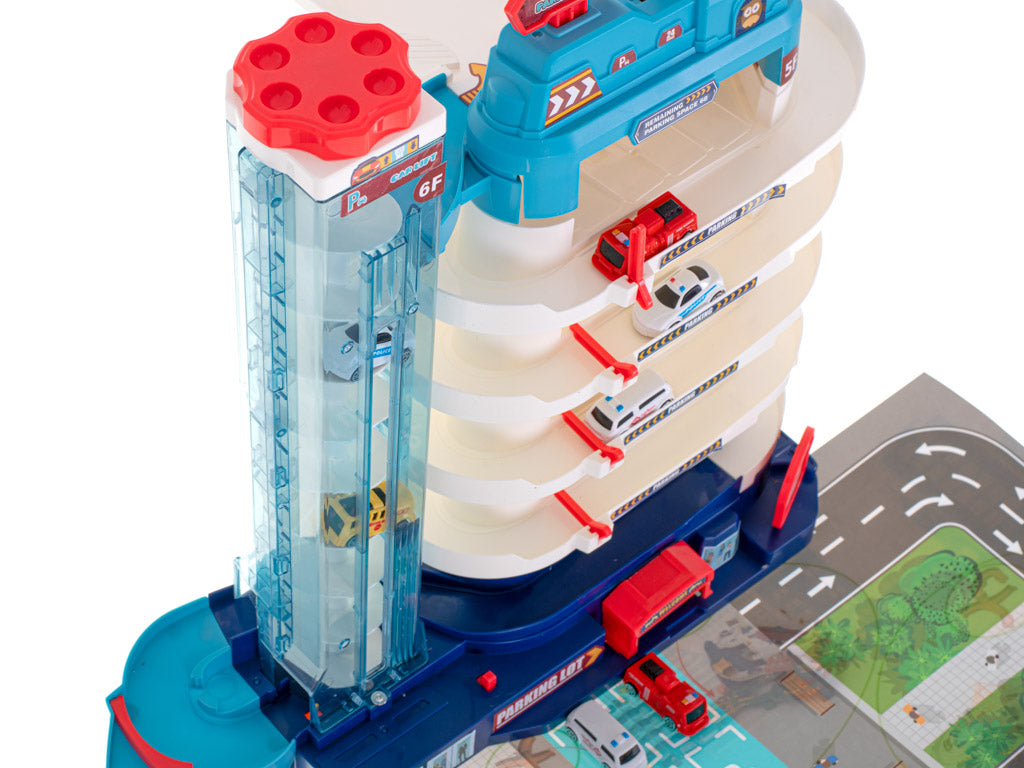 Autostāvvieta ar elektrisko liftu, 5 līmeņi, paklājs + 8 automašīnas | EcoToys