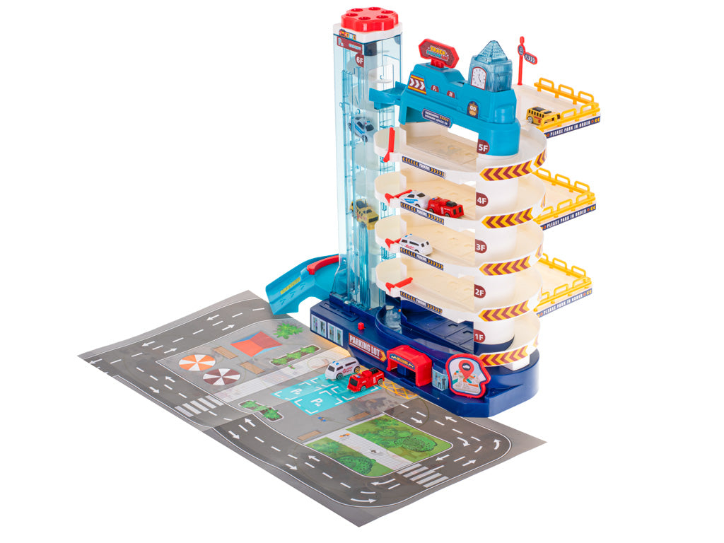 Autostāvvieta ar elektrisko liftu, 5 līmeņi, paklājs + 8 automašīnas | EcoToys