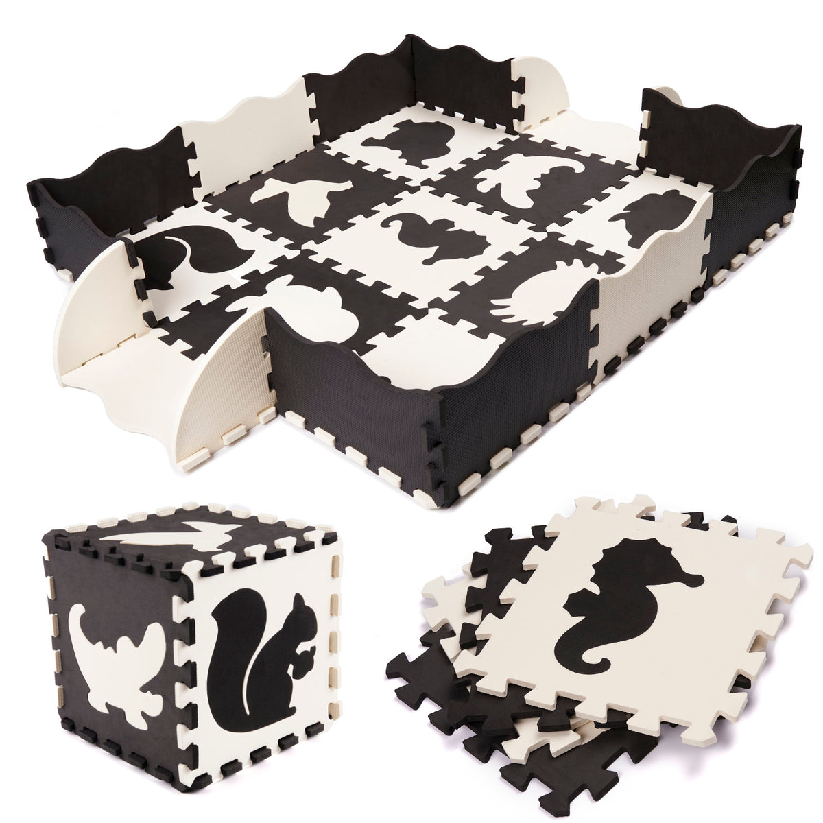 Kontrastu putu puzles paklājs mazulim, 25 el., melns-balts | EcoToys