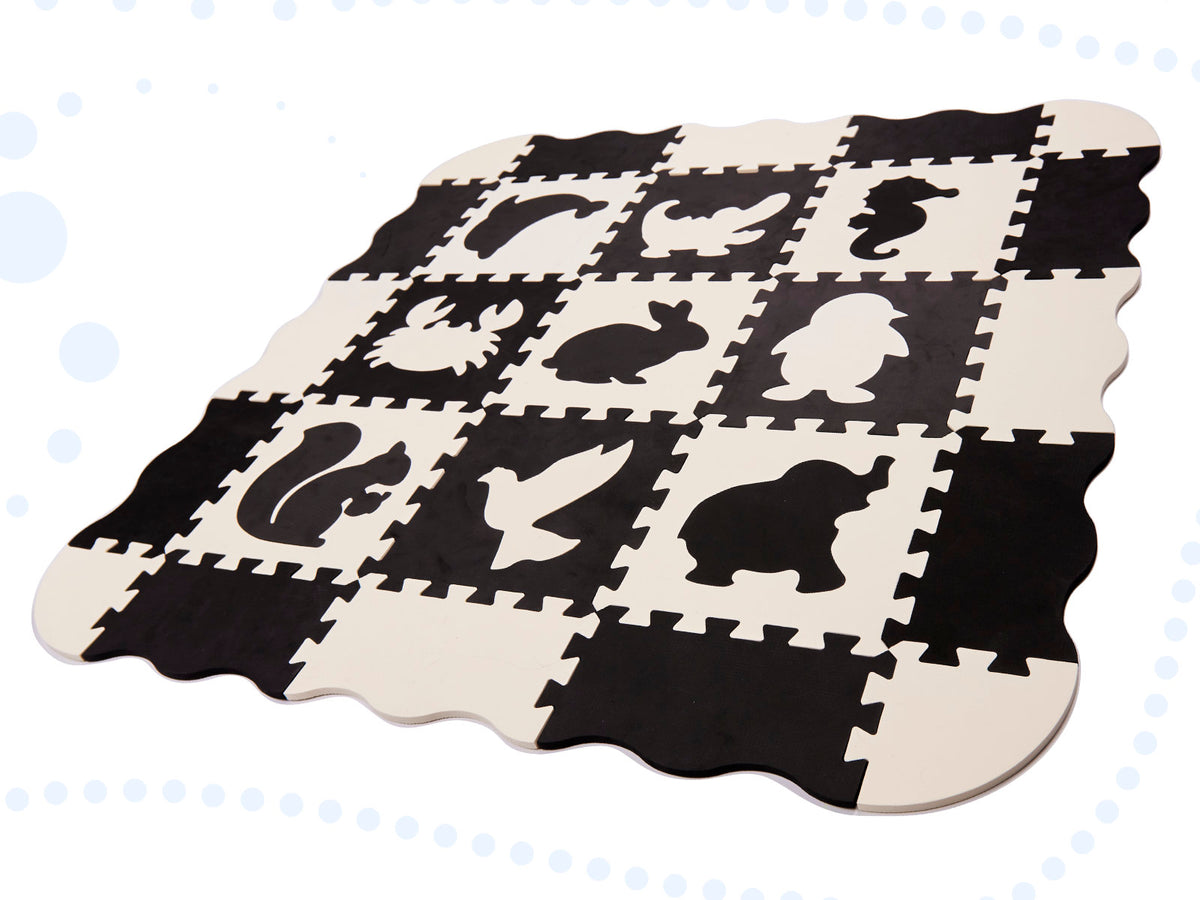 Kontrastu putu puzles paklājs mazulim, 25 el., melns-balts | EcoToys