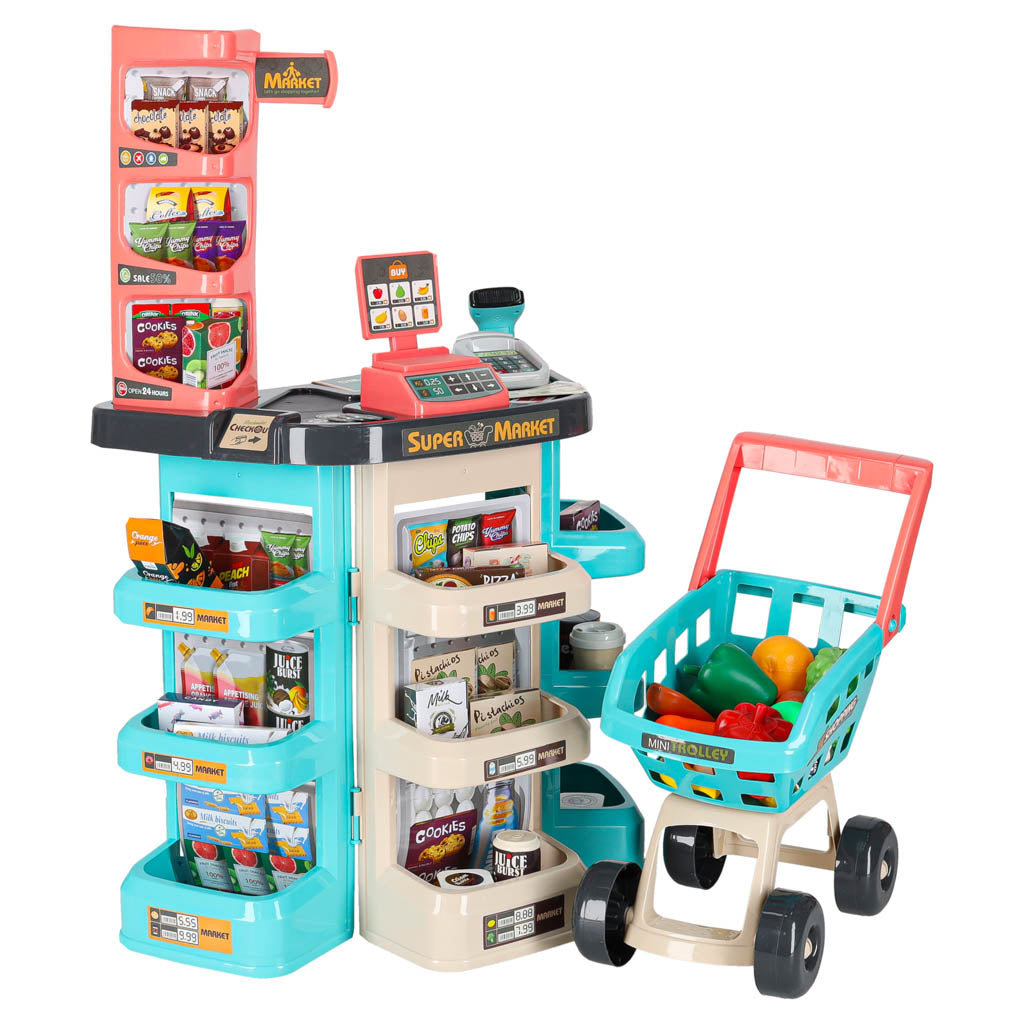 Rotaļu lielveikals ar kases aparātu, iepirkumu ratiņiem un precēm, 47 el. | EcoToys