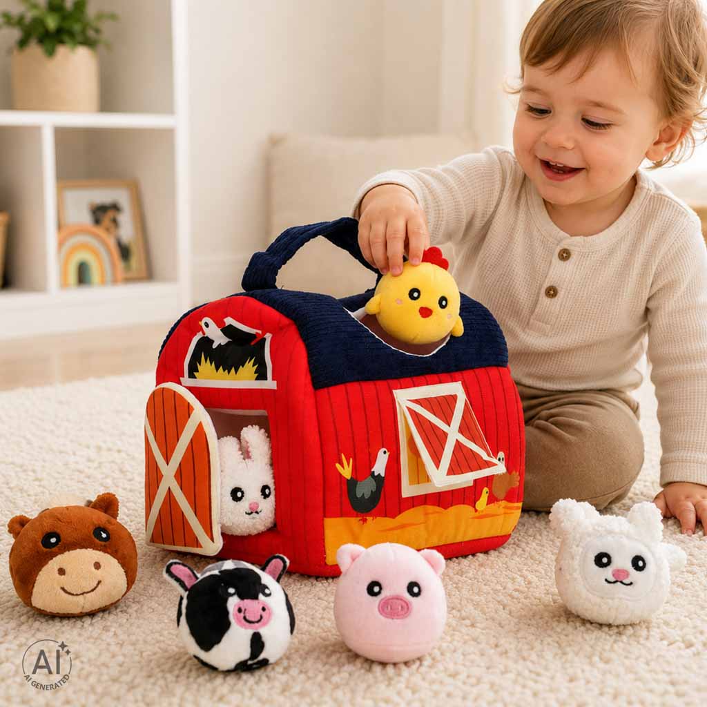 Plīša sensorā mājiņa ar dzīvniekiem – izglītojoša rotaļlieta | EcoToys