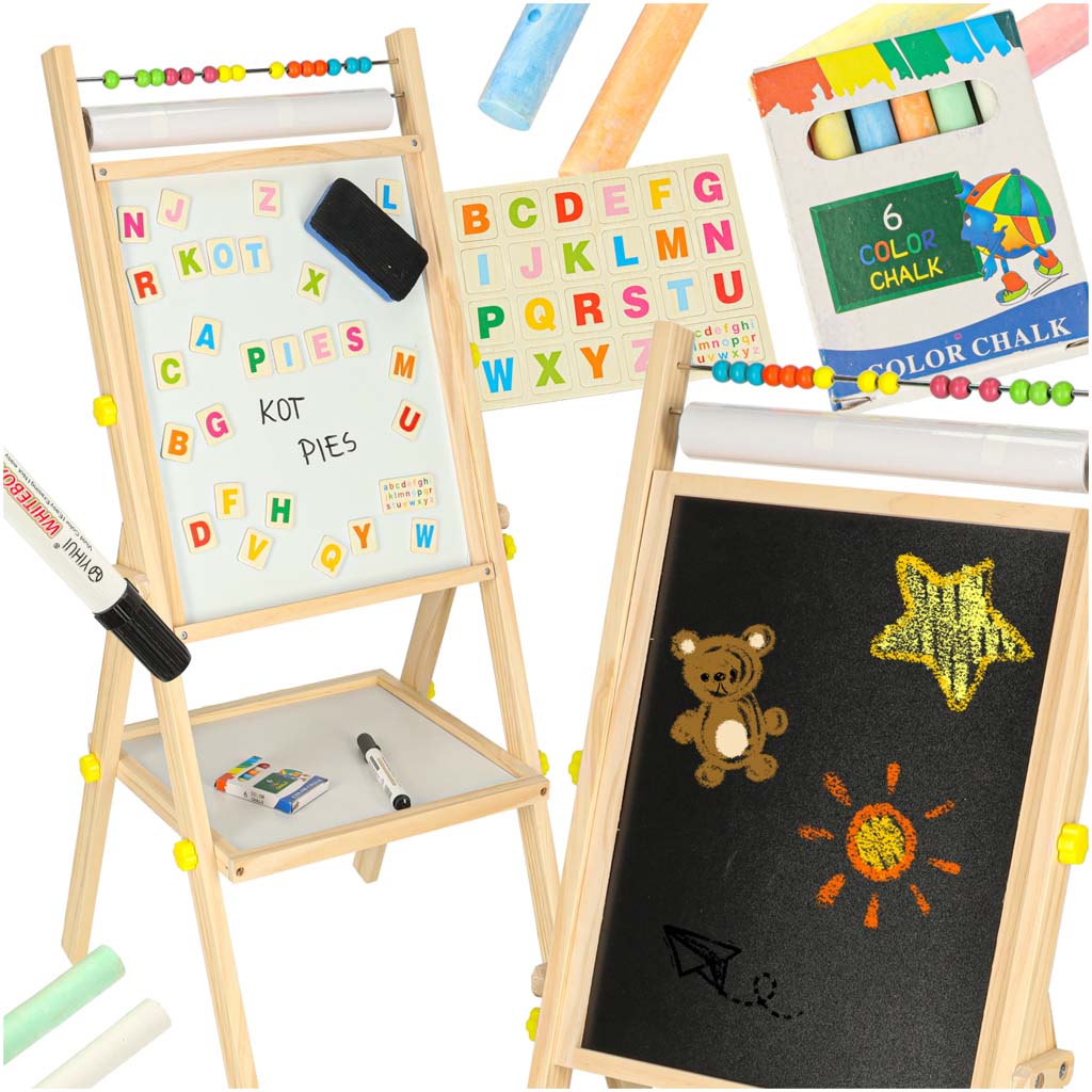 Grozāma divpusēja magnētiskā tāfele ar skaitīkļiem, papīra rulli un burtiem, 90 cm | EcoToys
