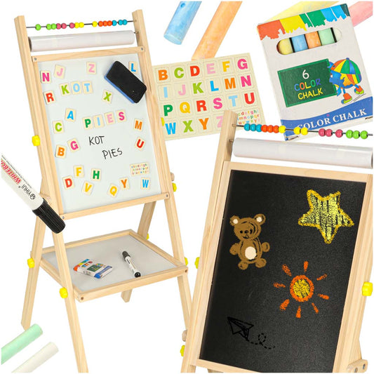 Grozāma divpusēja magnētiskā tāfele ar skaitīkļiem, papīra rulli un burtiem, 90 cm | EcoToys