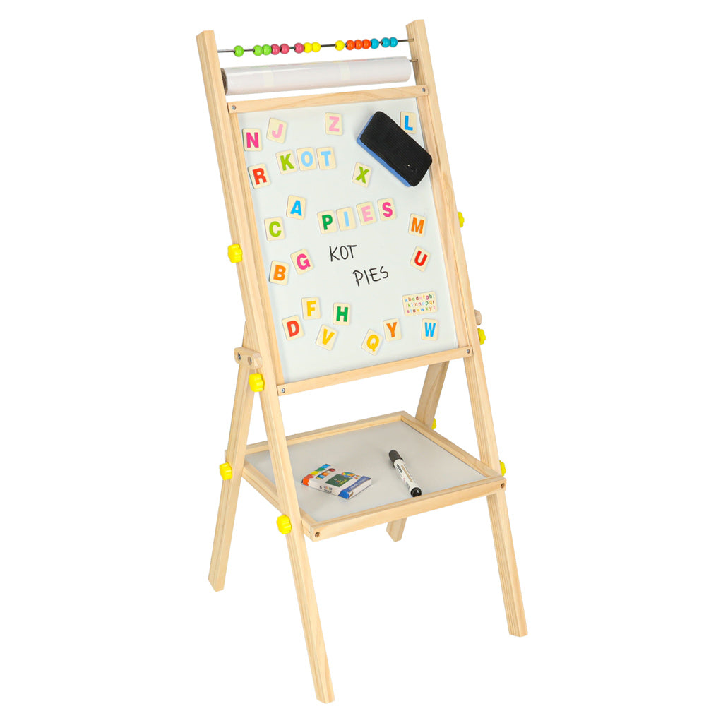 Grozāma divpusēja magnētiskā tāfele ar skaitīkļiem, papīra rulli un burtiem, 90 cm | EcoToys