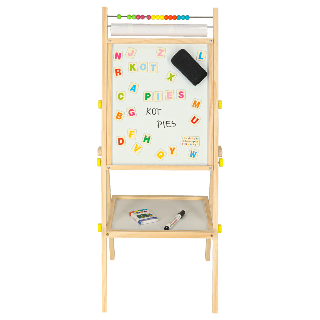 Grozāma divpusēja magnētiskā tāfele ar skaitīkļiem, papīra rulli un burtiem, 90 cm | EcoToys