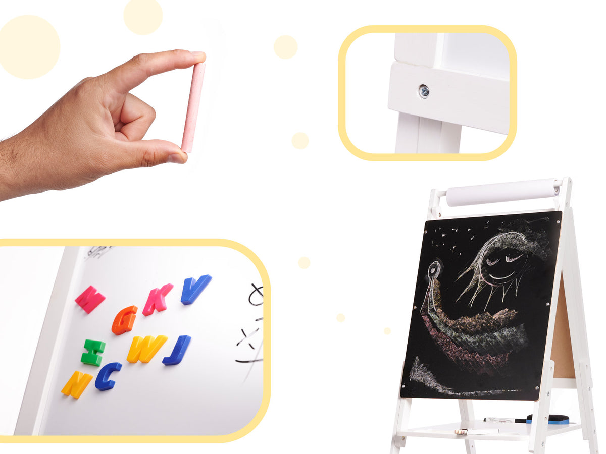 Divpusēja magnētiskā tāfele uz koka statīva XXL, balta + piederumi | EcoToys