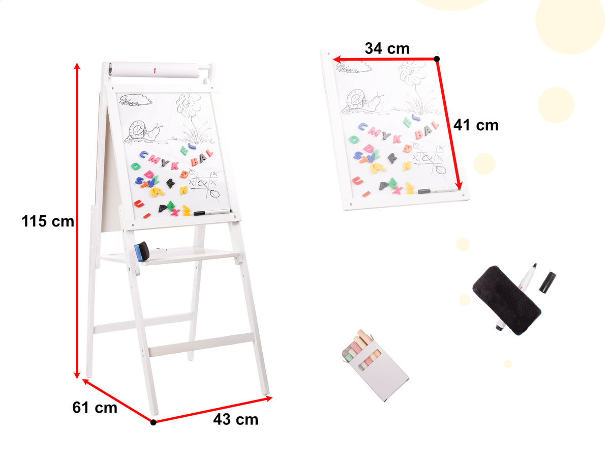 Divpusēja magnētiskā tāfele uz koka statīva XXL, balta + piederumi | EcoToys