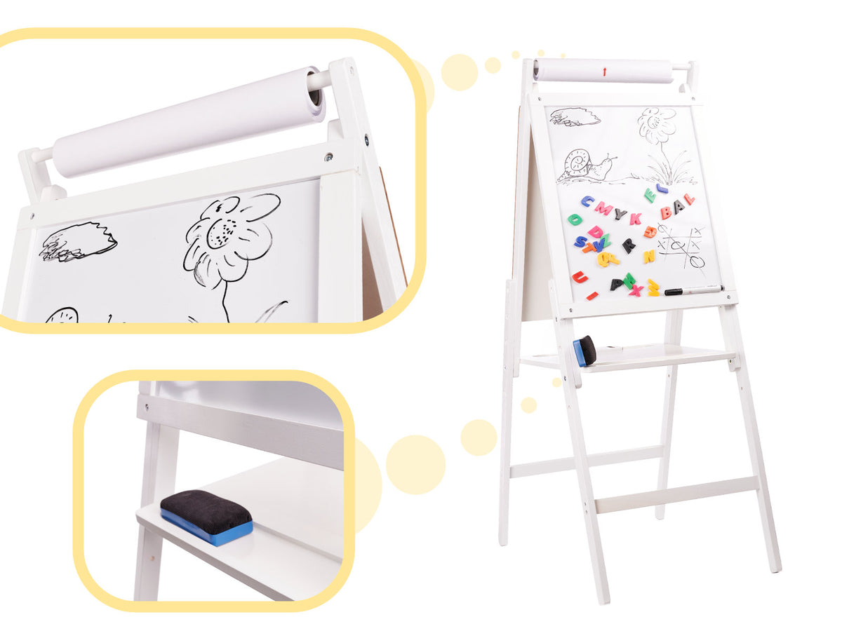 Divpusēja magnētiskā tāfele uz koka statīva XXL, balta + piederumi | EcoToys