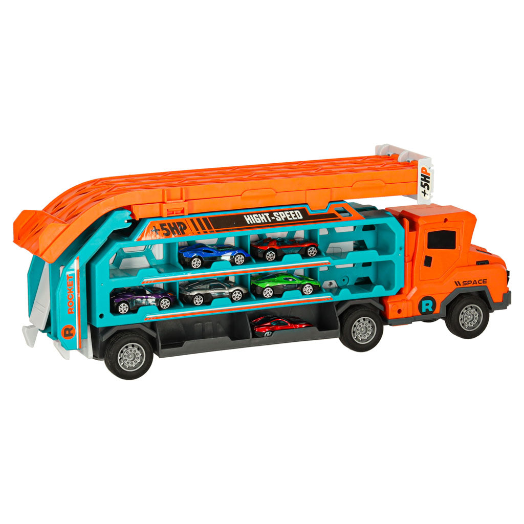 Autofurgons ar sacīkšu trases slaidu 6el oranžs | EcoToys
