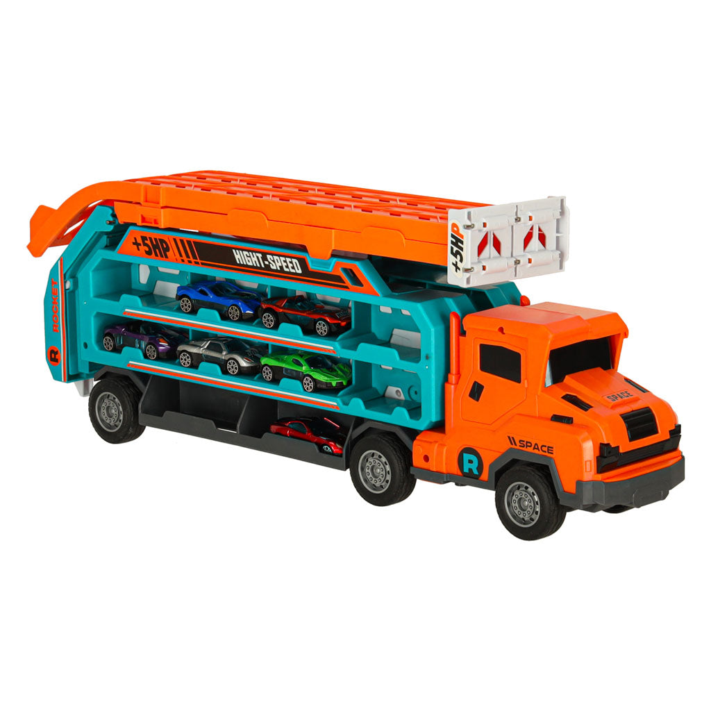 Autofurgons ar sacīkšu trases slaidu 6el oranžs | EcoToys