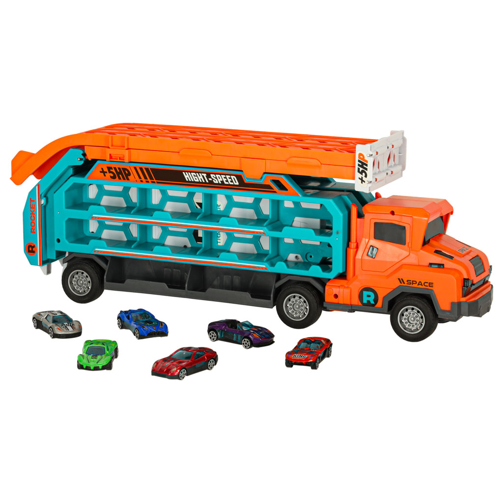 Autofurgons ar sacīkšu trases slaidu 6el oranžs | EcoToys