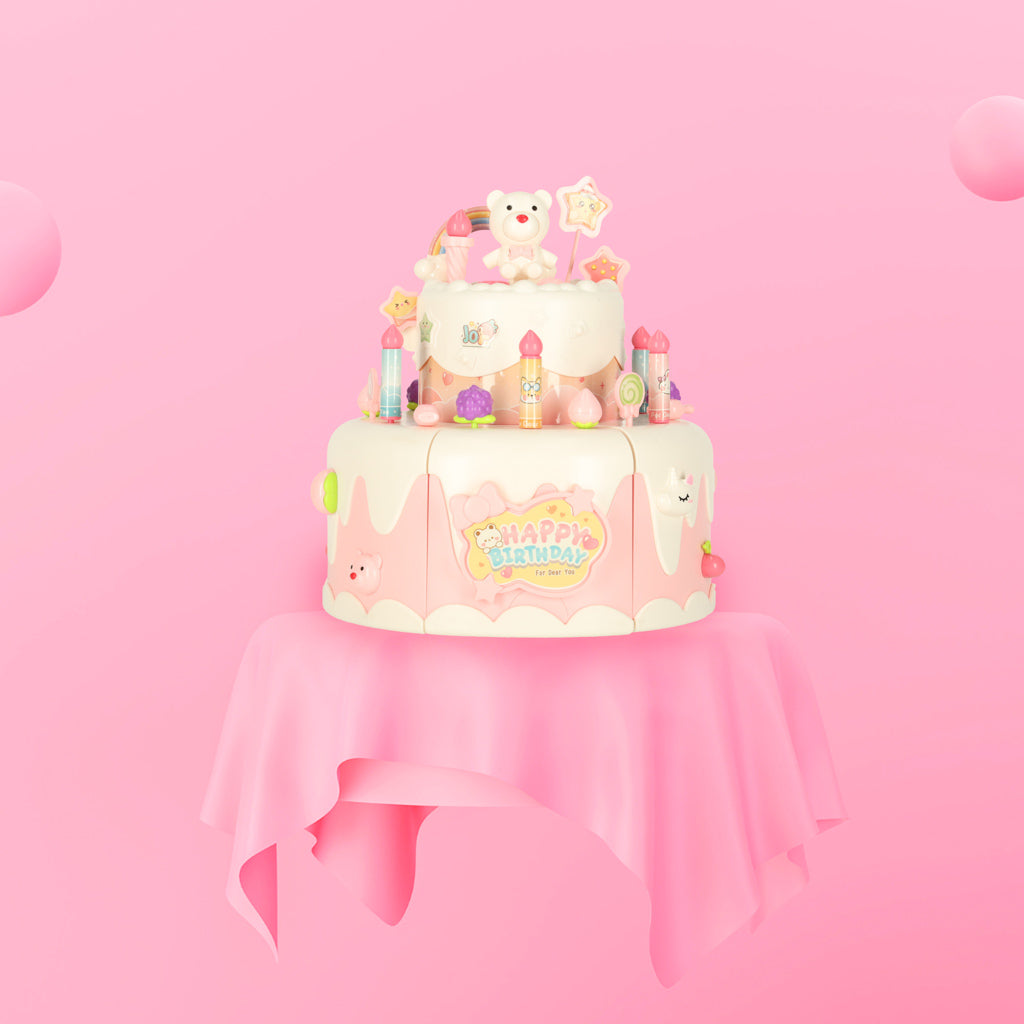 Koka dzimšanas dienas torte griešanai ar mūziku un gaismām, 16 gab., rozā | EcoToys