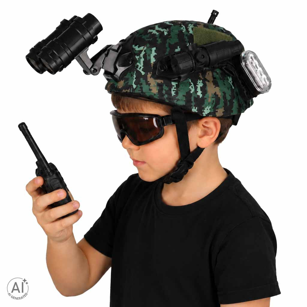 Kareivja komplekts: militārā ķivere, rācija, binoklis, lukturis | EcoToys